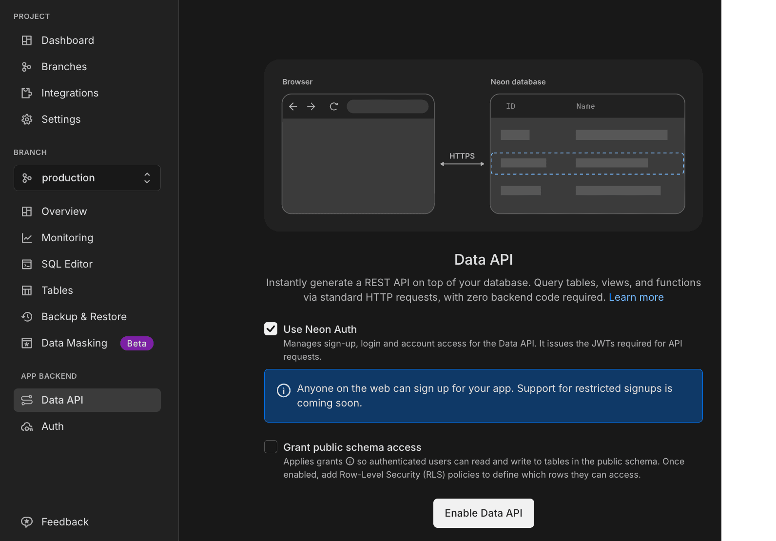 Data API page with enable button