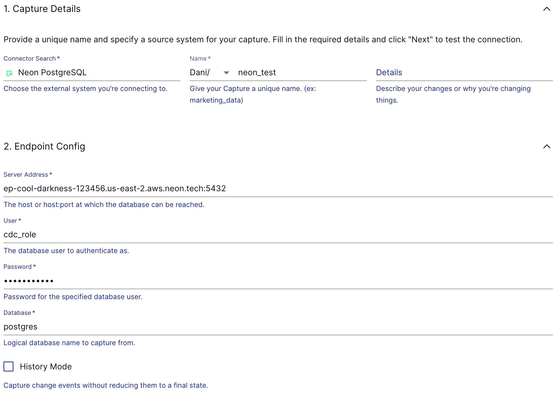 Configuring Neon capture in Estuary Flow