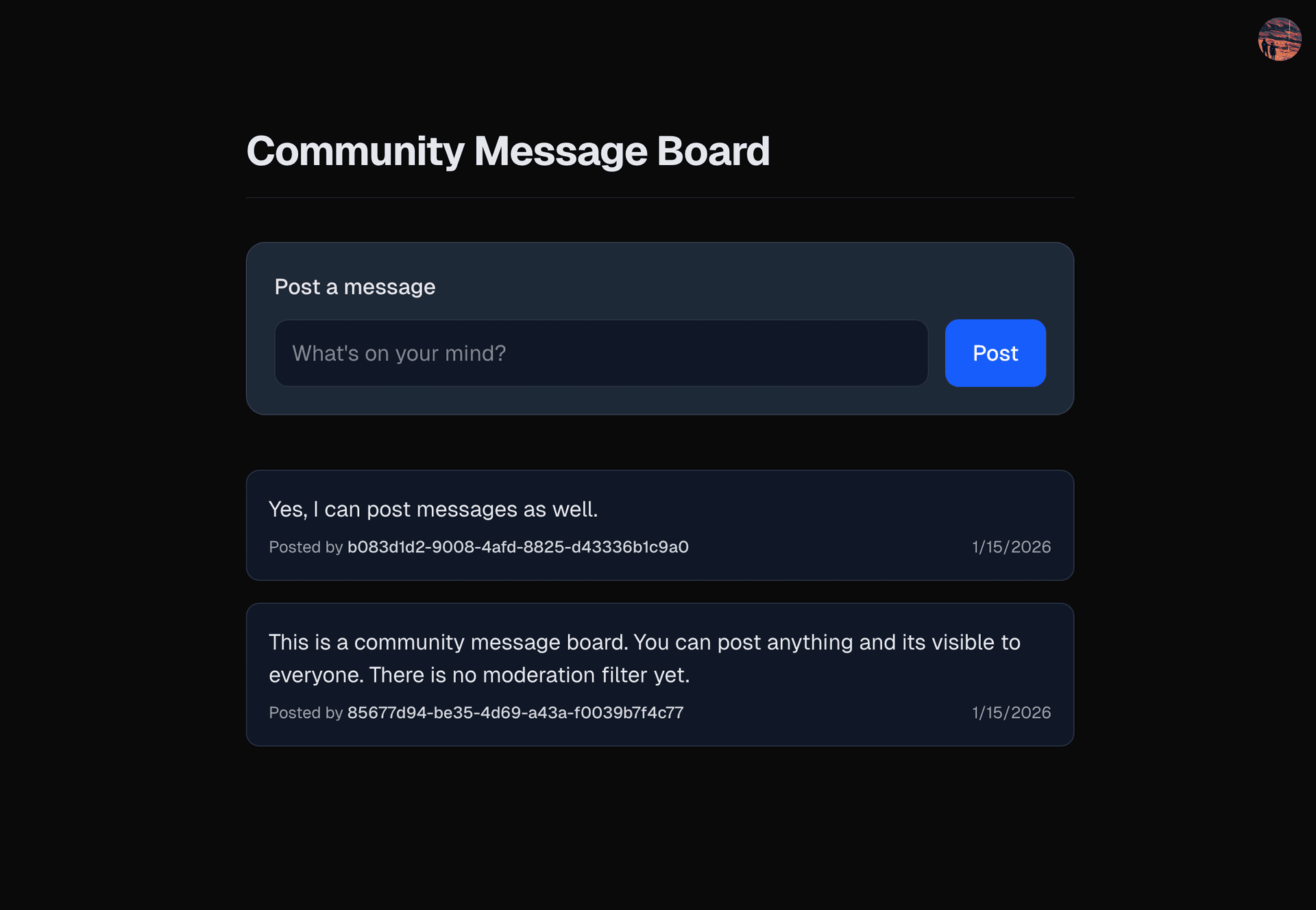 Message board application screenshot