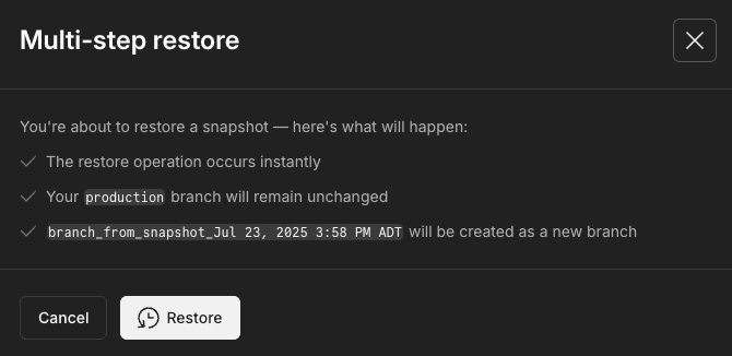 Multi-step restore confirmation modal