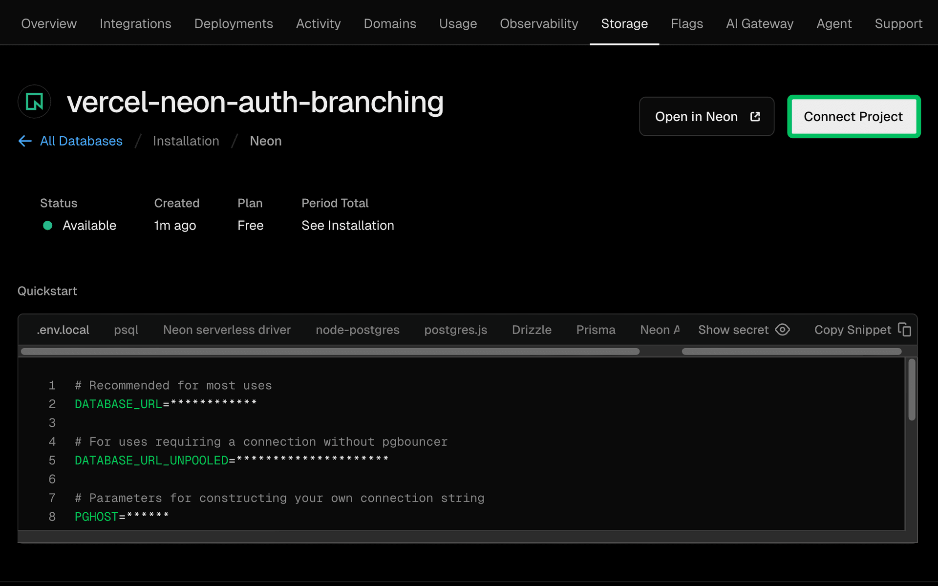 Vercel Neon Connect Project