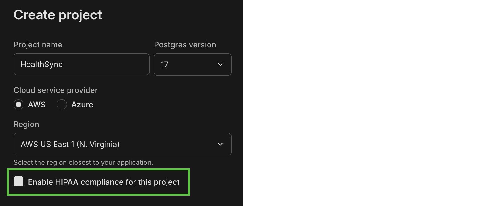 Enable HIPAA option during project creation